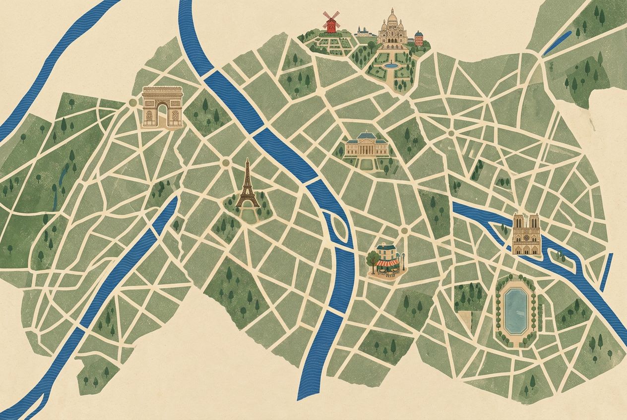 Illustrated watercolor map of Paris